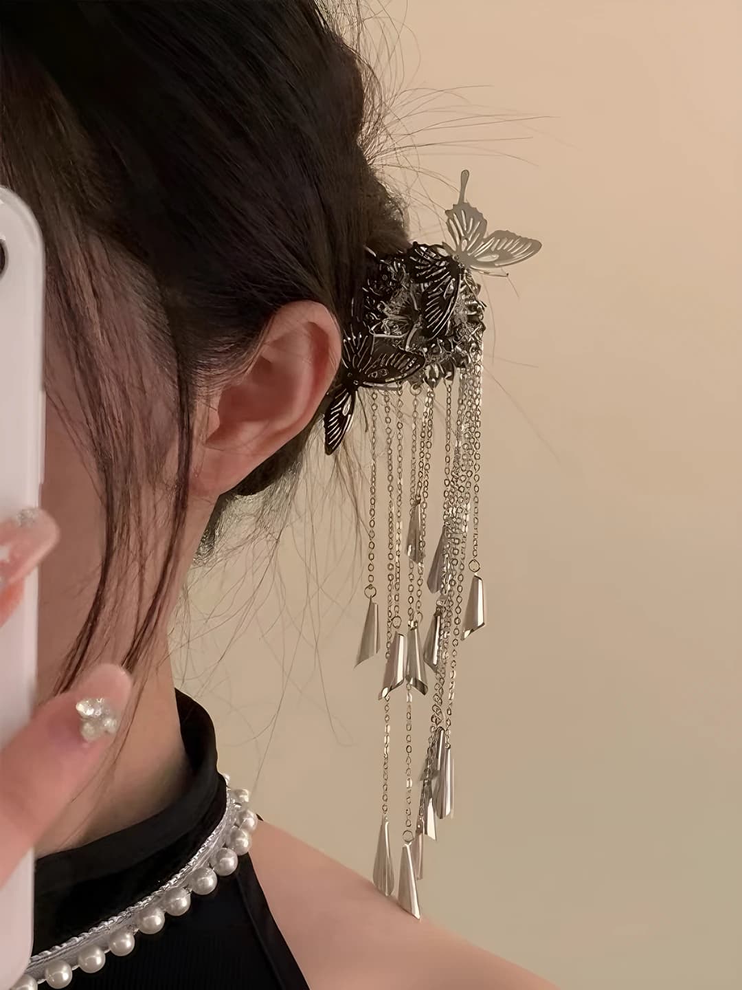 Women's silver butterfly hairpin with tassel, ethnic style head accessory