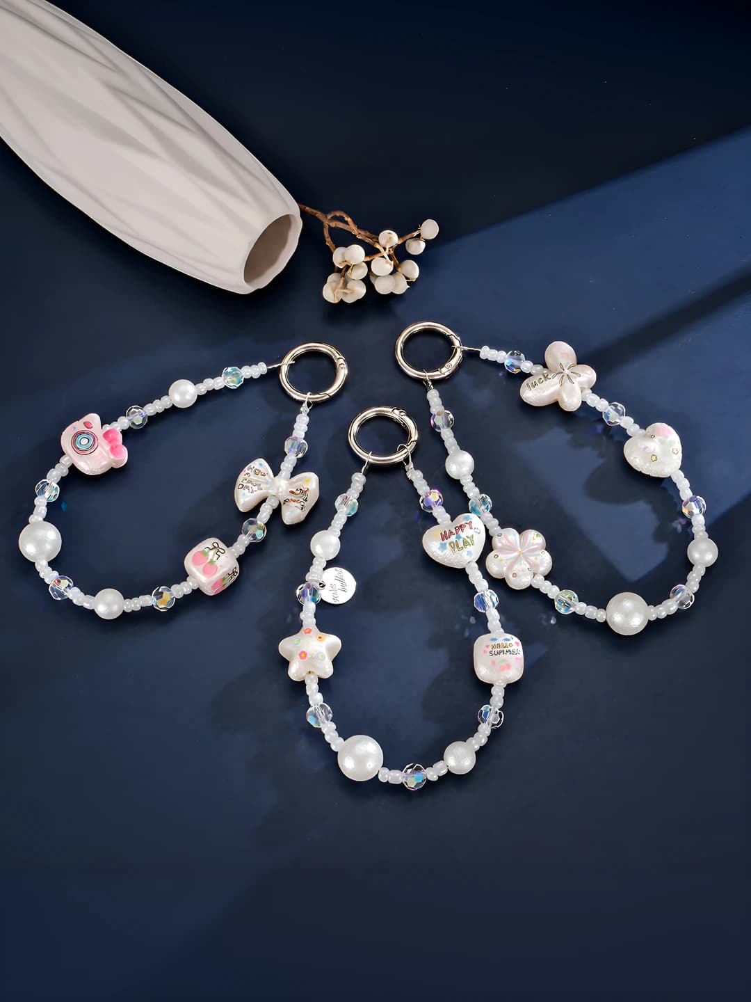Women's keychains: beaded phone charm, printed, metal, OL style