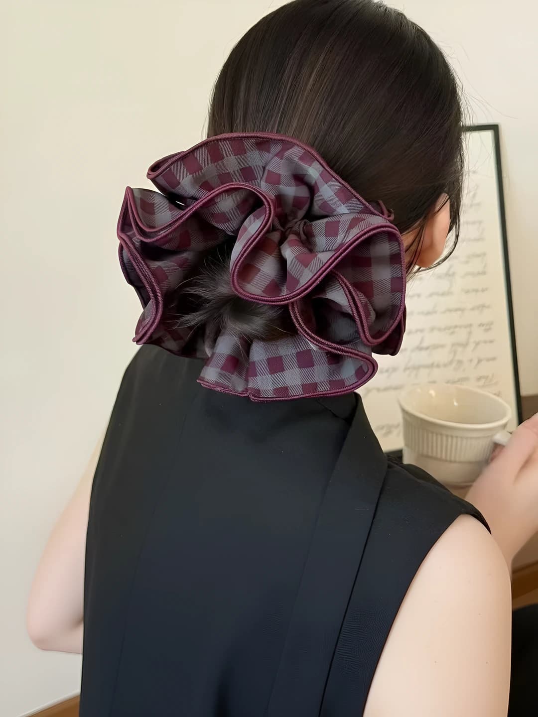 Purple double-layer plaid hair tie
