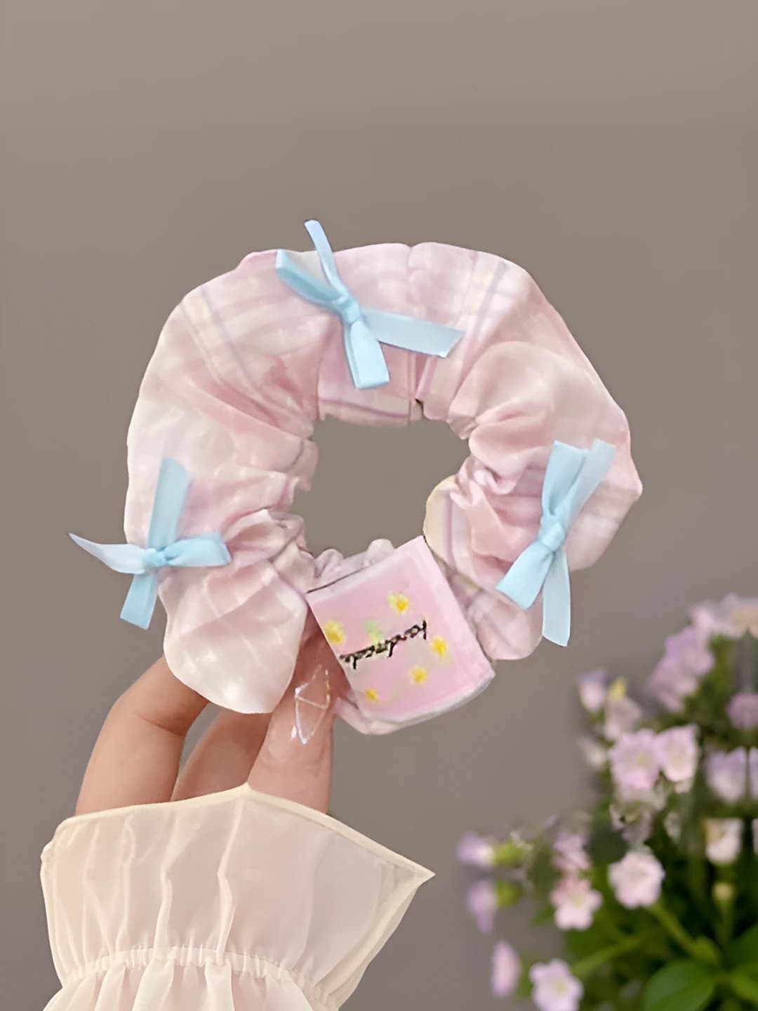 Pink plaid, bow, 11 cm