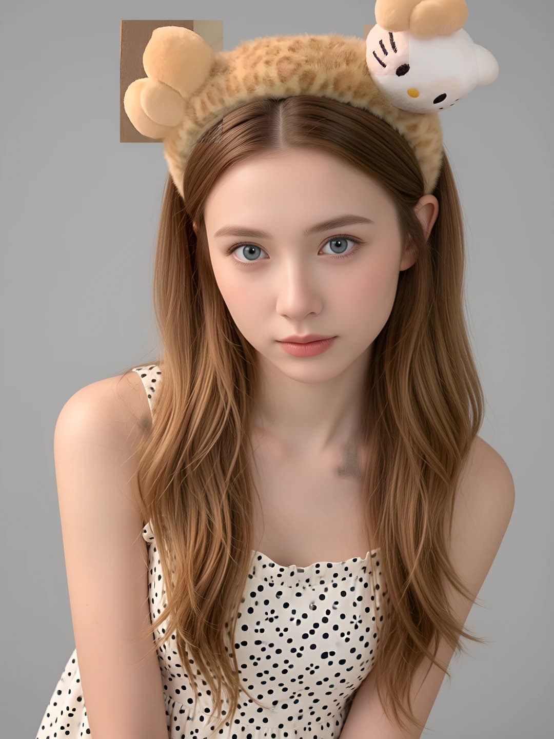 Women's plush cartoon headband: KT cat, leopard print, bow, autumn-winter