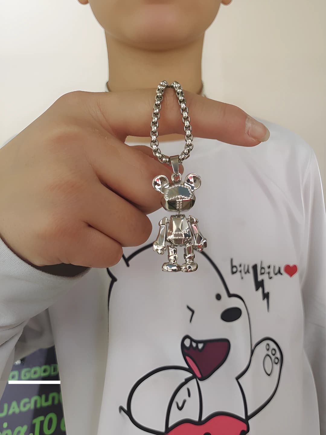 Men's and women's long titanium steel chain with movable mechanical bear, hip-hop style, summer