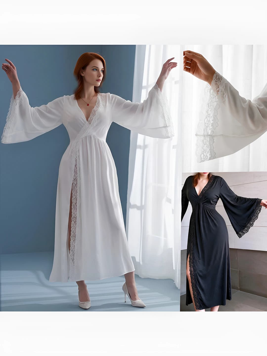 Women's home dresses and tunics: V-neck, sleeveless, thin, ice-silk fabric and lace, solid colour, spring-summer-autumn