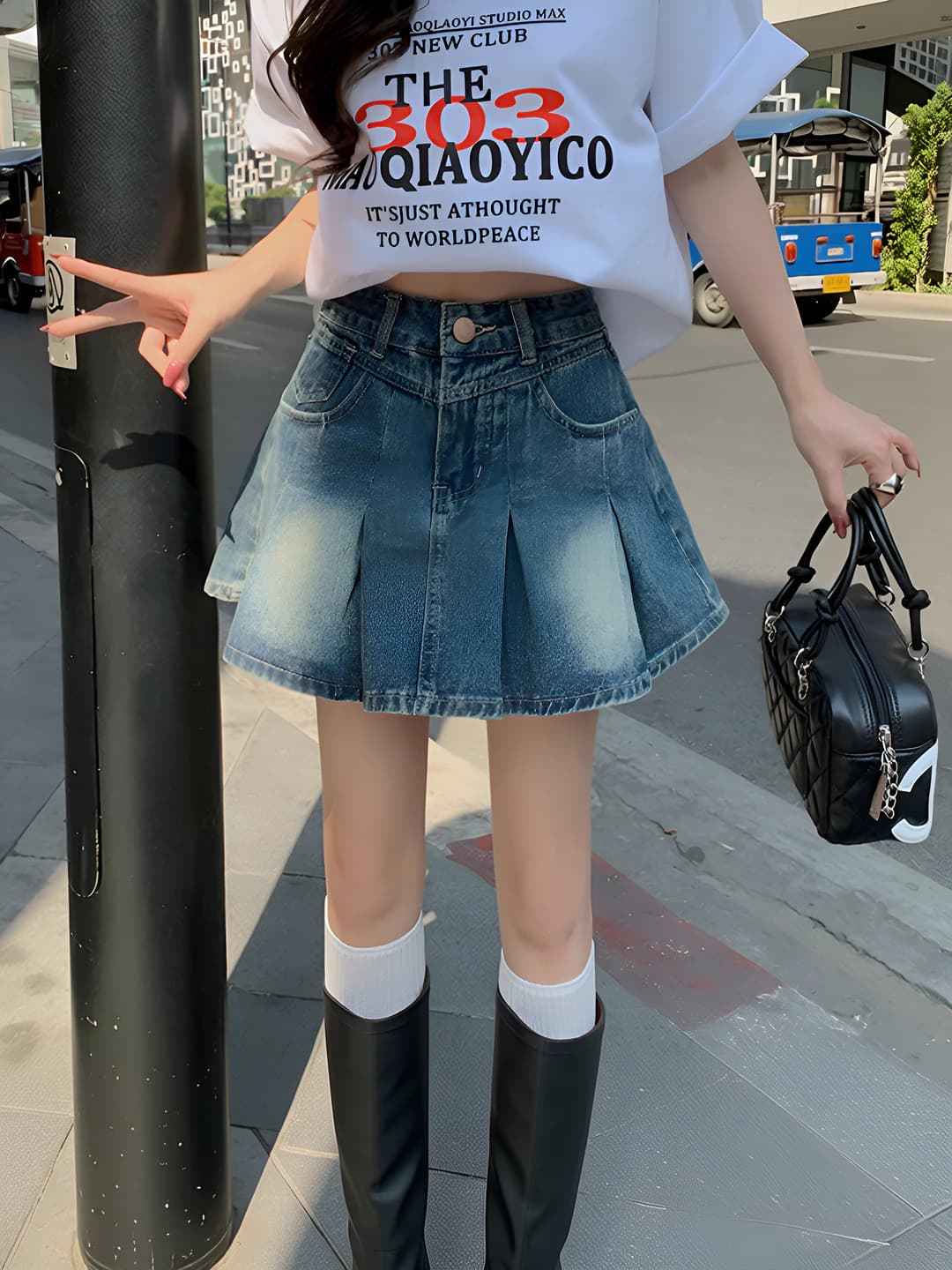 Women's Korean style high-waisted slimming A-line pleated denim skirt, spring-summer mini skirt