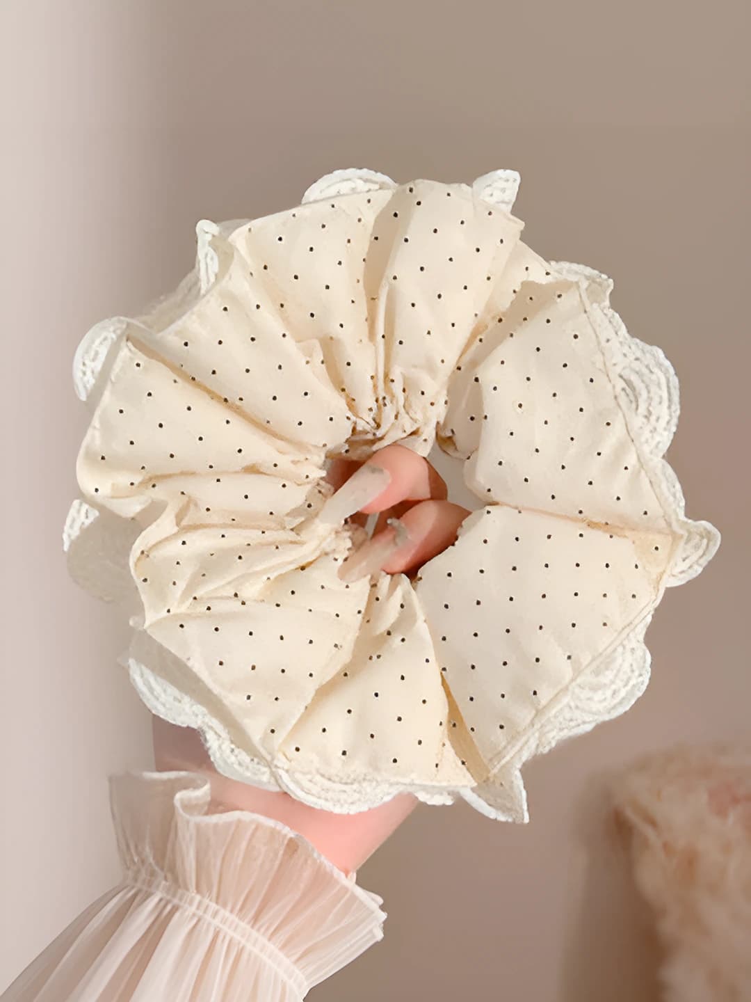 1# White polka dot lace hair tie 19 cm