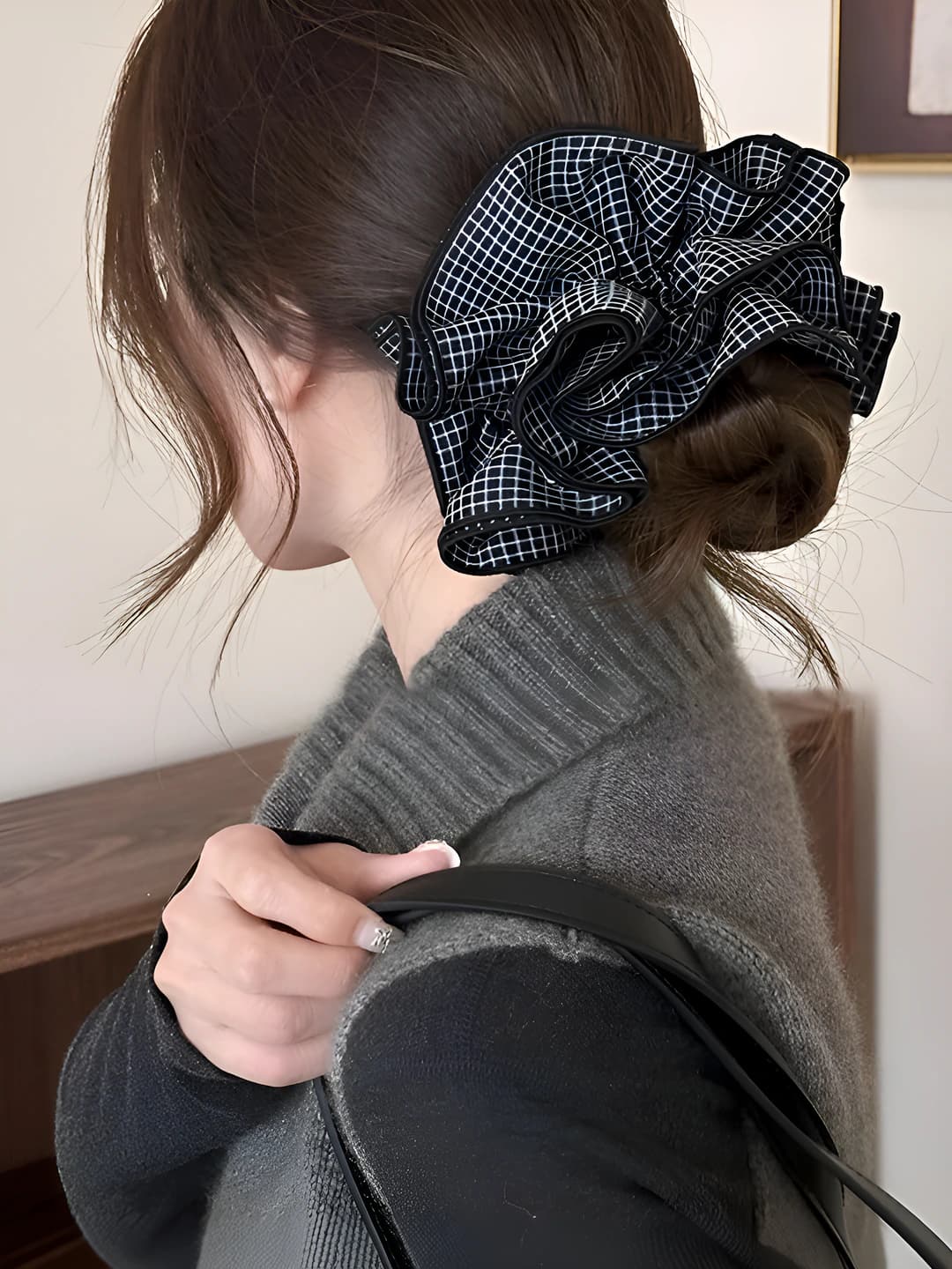 2# Blue striped plaid hair tie 17 cm