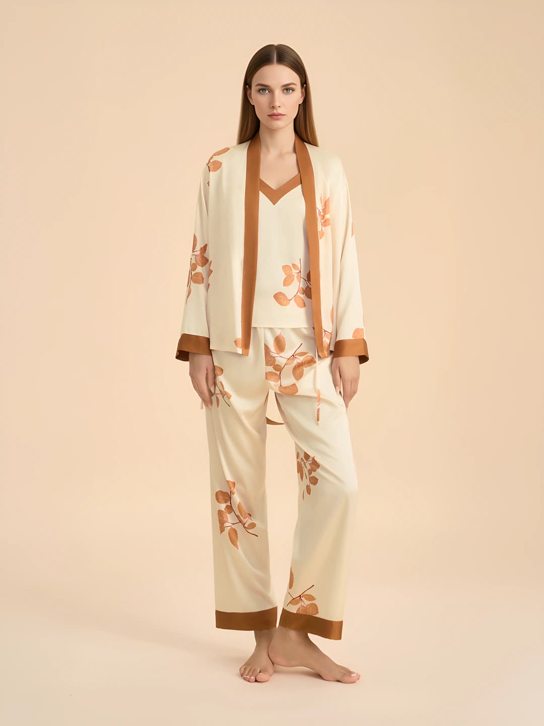 Women's spring-autumn loungewear set, loose fit, long sleeve, trousers, V-neck, printed, thin, satin chiffon