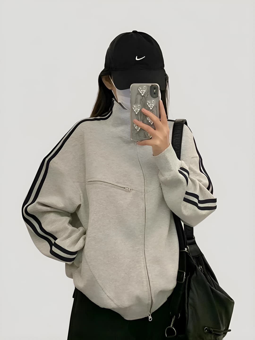 Women's 2026 autumn retro stand collar zip sweatshirt, loose fit, long sleeve, striped/checked pattern, casual sports style