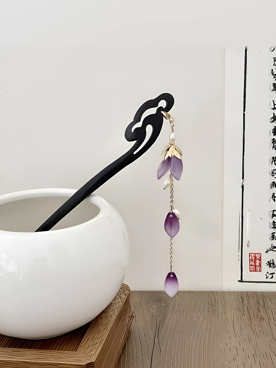 2# Purple flowers, pearl tassels hairpin (18 cm)