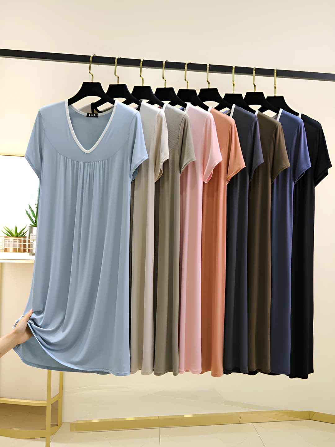 Women's summer modal home dress, V-neck, short sleeve, loose fit, A-line, mid-length, plus size