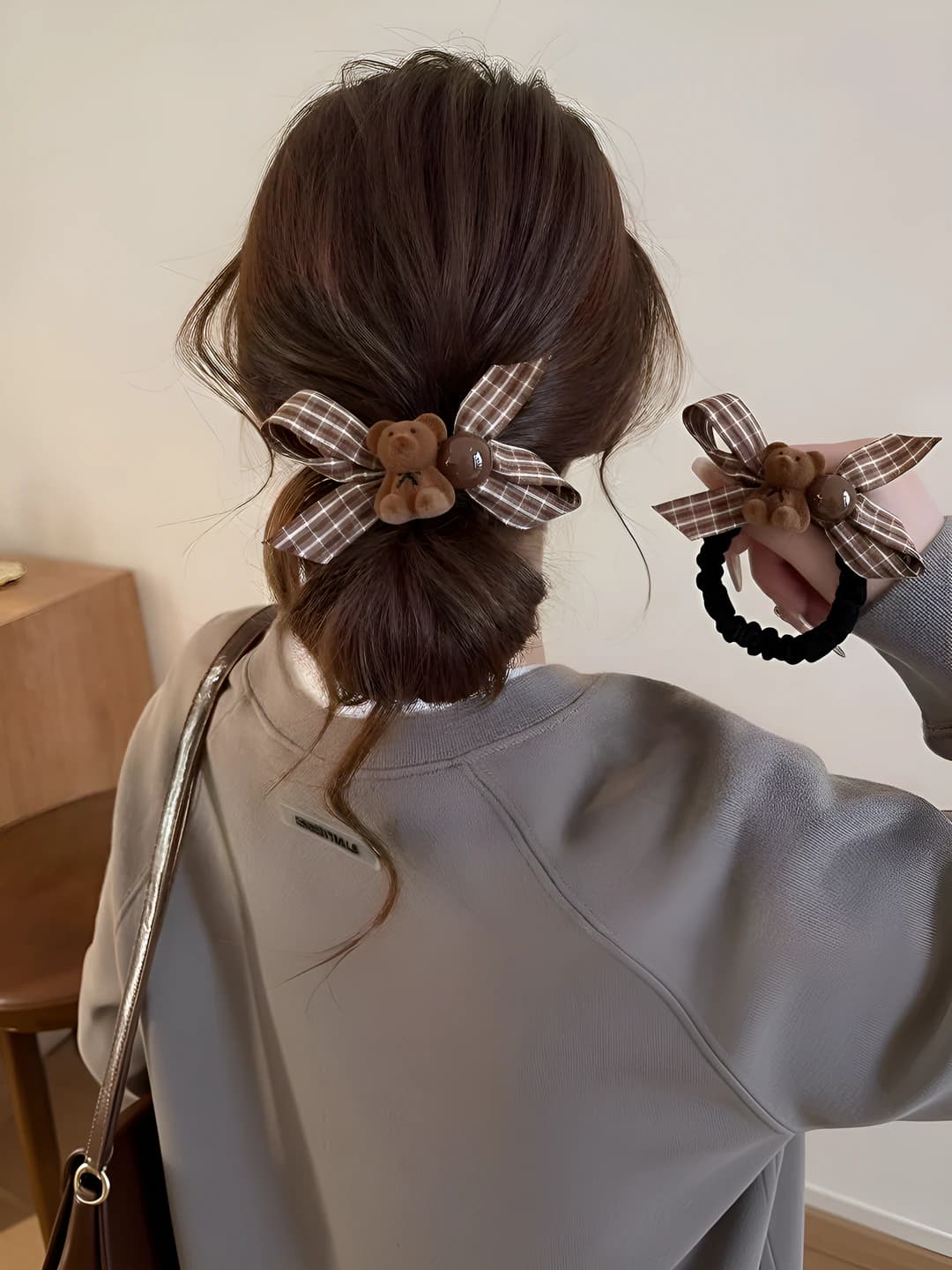 Women's hair tie with plaid bow and plush bear in preppy style