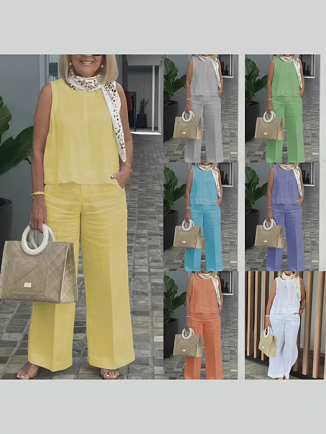 Women's spring-summer sleeveless top and wide-leg pants set, polyester, solid colour, casual style