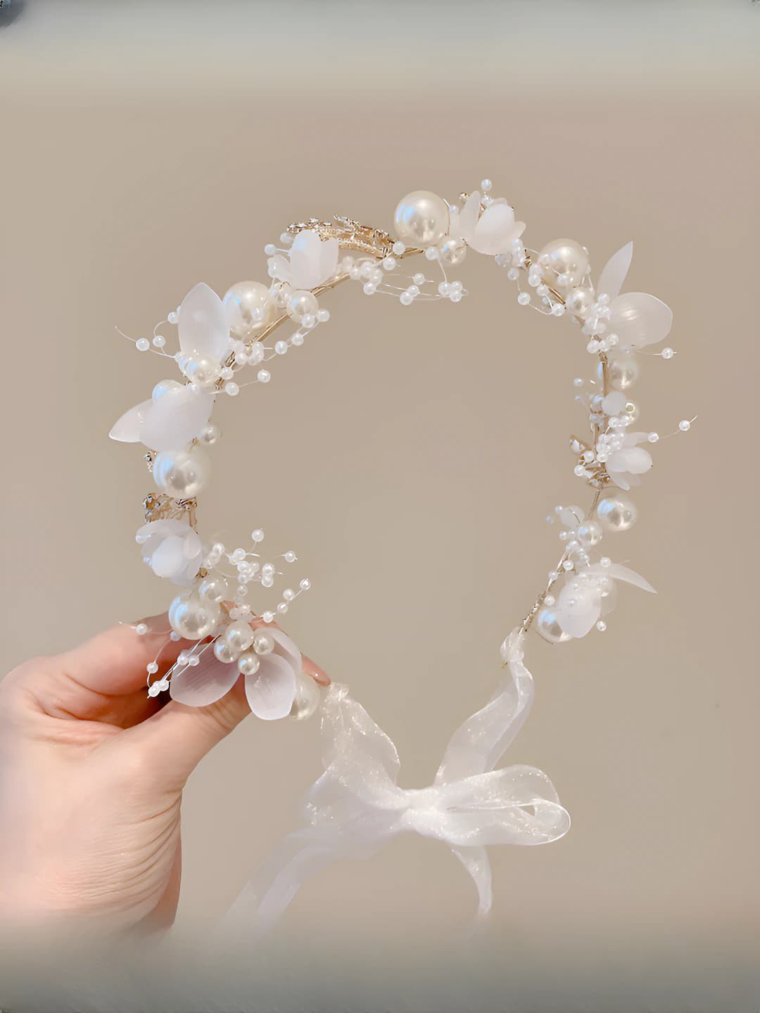Gold pearl flowers and ribbons
