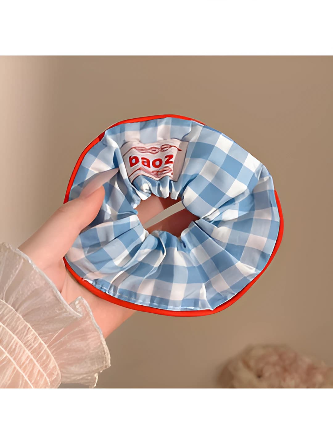 Blue plaid scrunchie ~14 cm