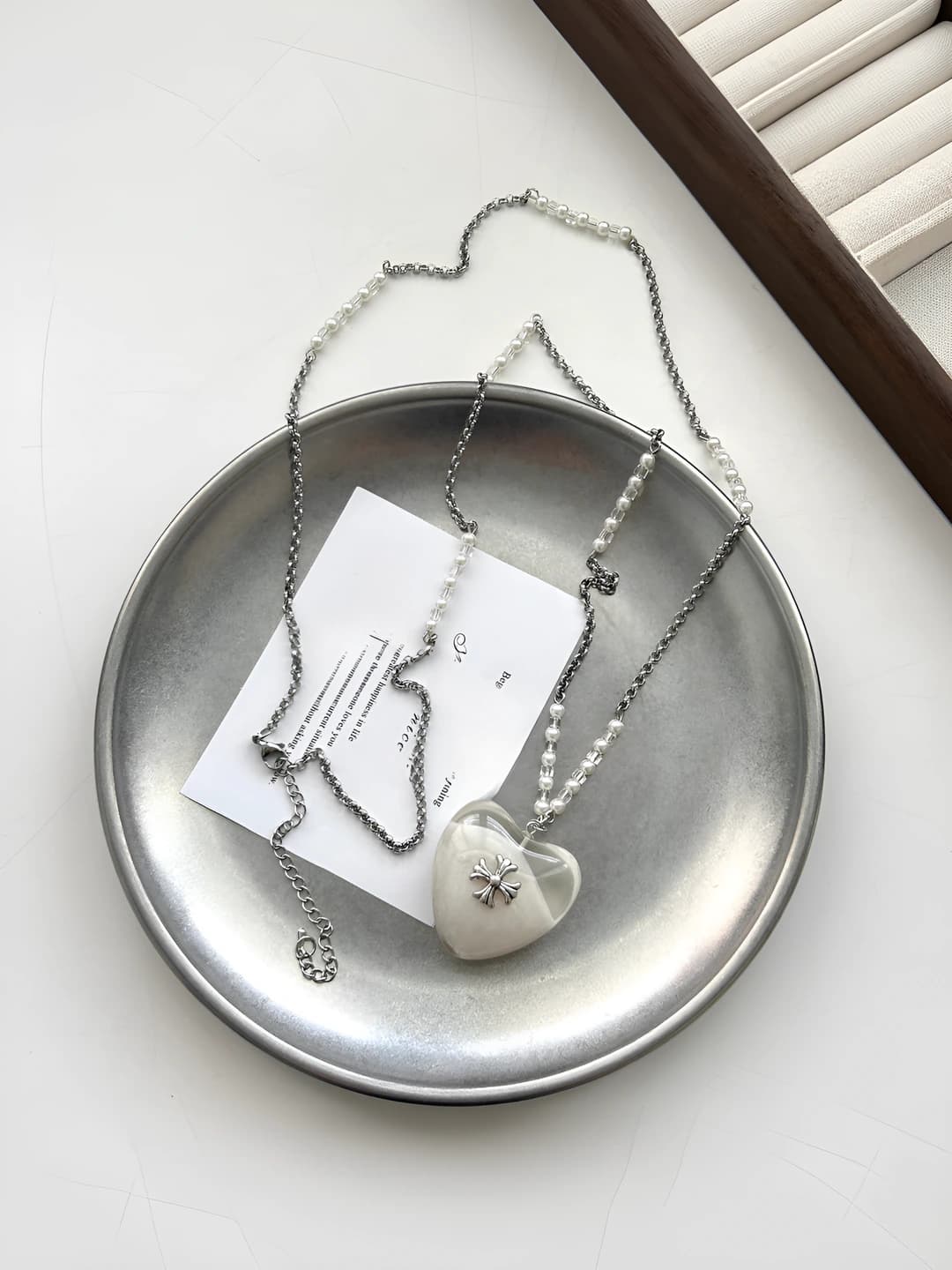 White beaded pearl heart necklace