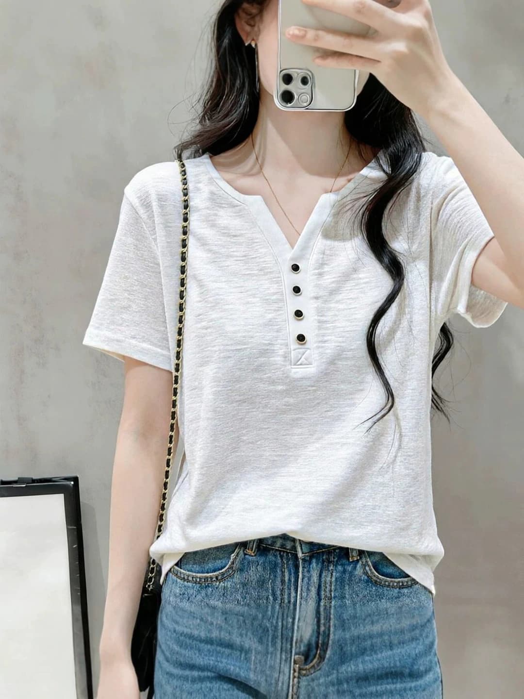 Women's short sleeve V-neck button t-shirt, casual style, loose fit, solid colour