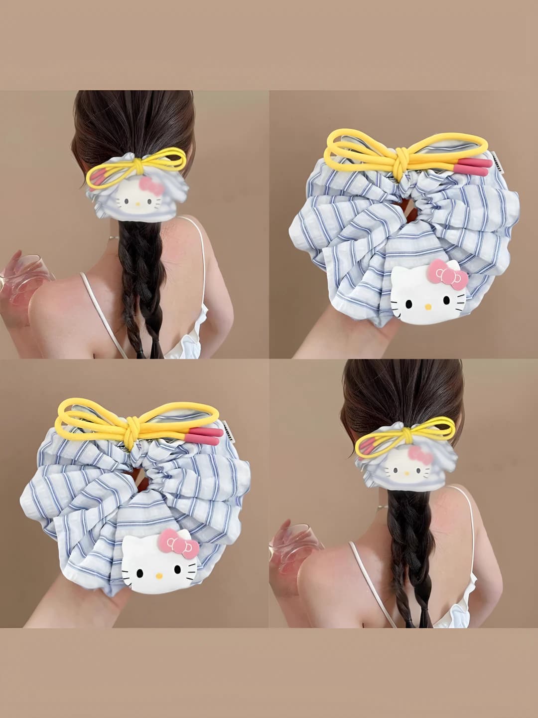 Women's Korean style striped stretch hair tie, scrunchie shape, with bow, handmade