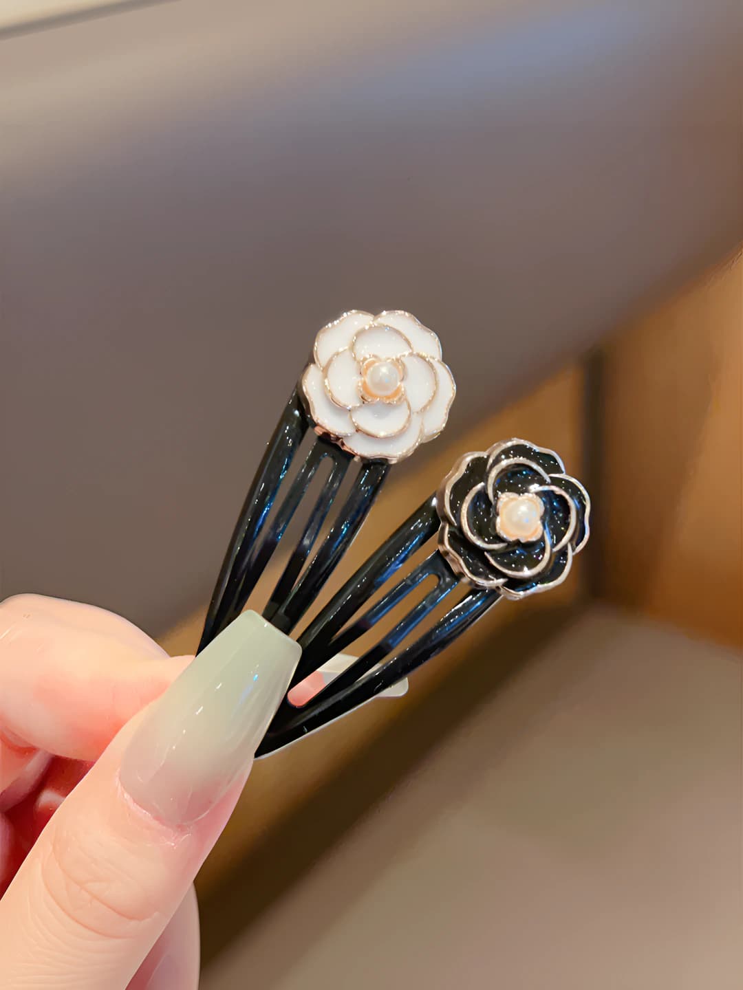 Women's hair clips and combs: black camellia design BB clip, handmade, Chanel style