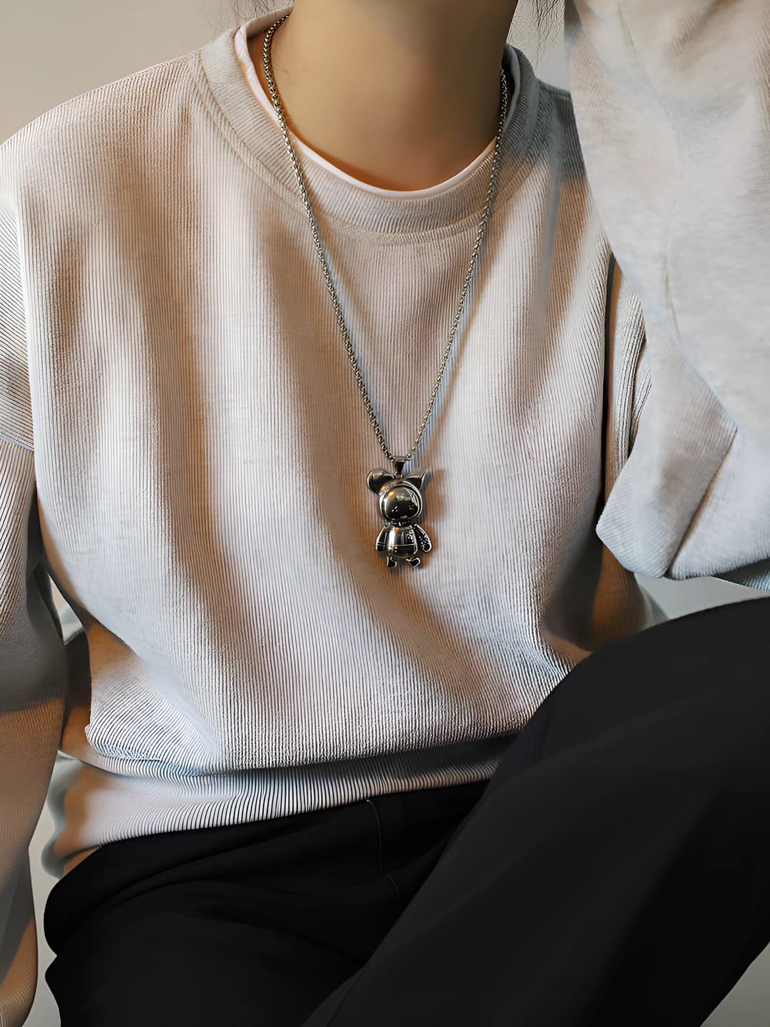 Long titanium steel chain with cartoon character pendant in punk style, for men and women