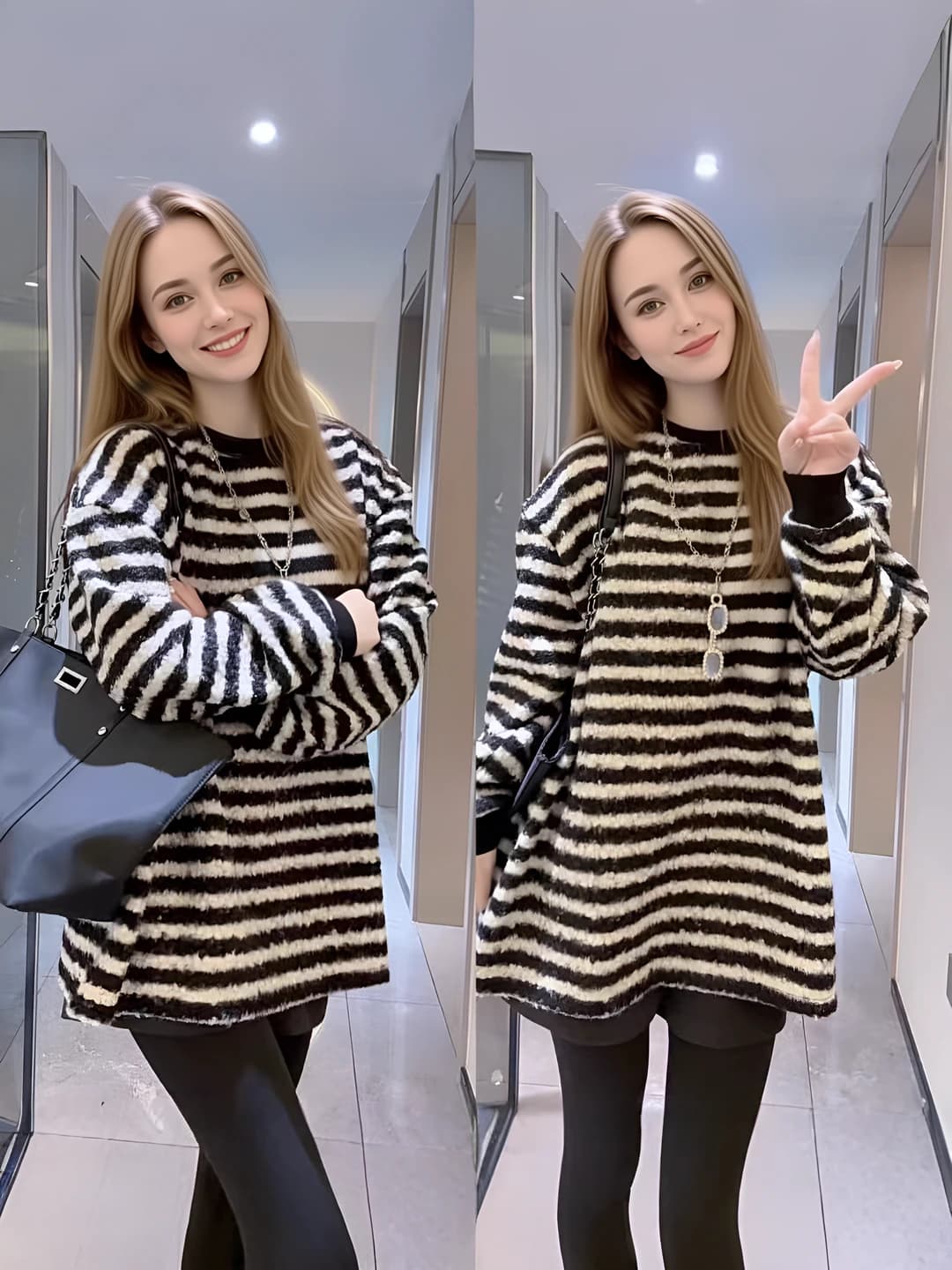 Women's fleece-lined, striped, crew neck, loose fit, long sleeve, mid-length sweatshirt
