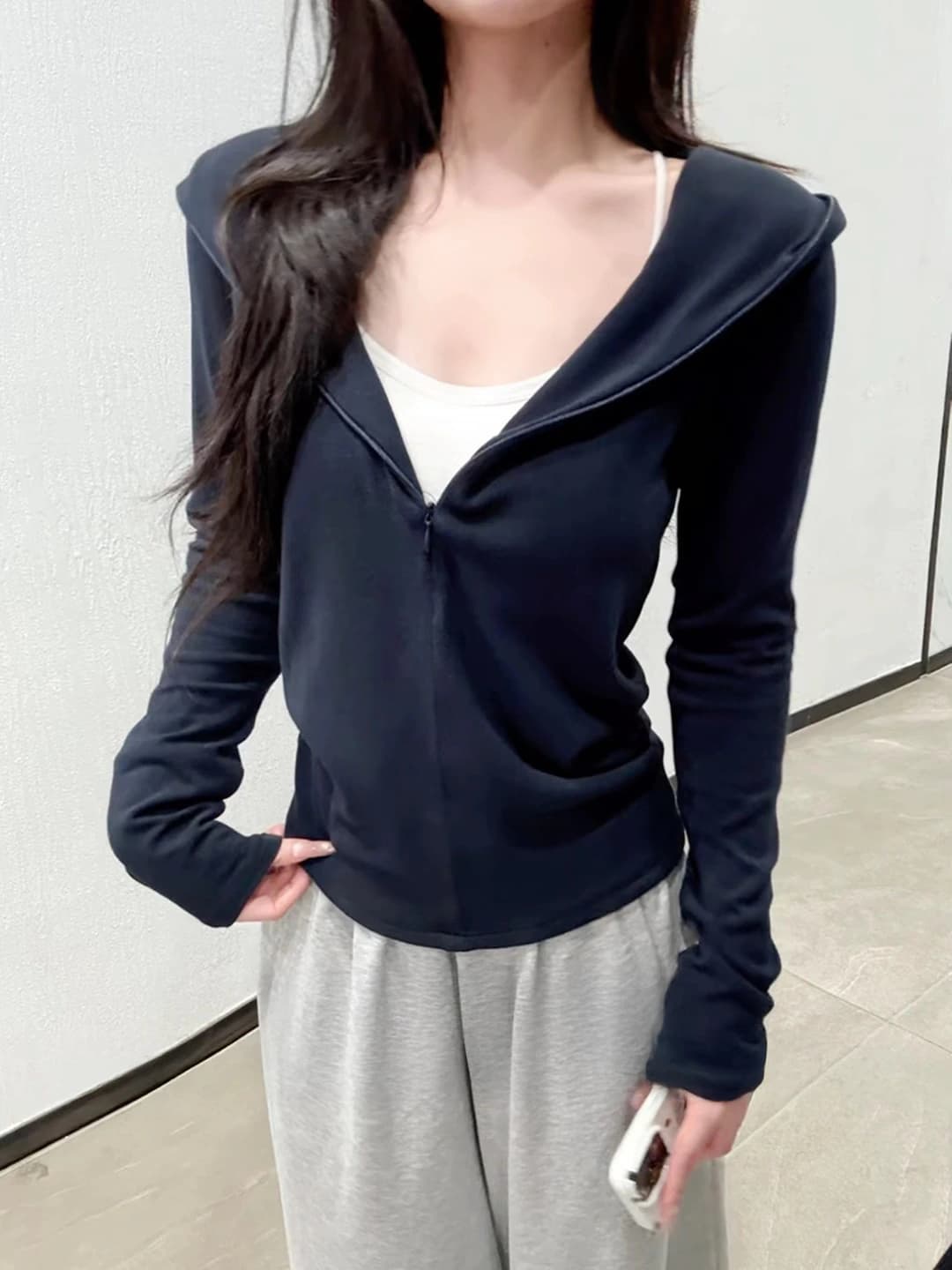 Women's autumn casual hoodie, zip, stretch, slimming, slim fit, V-neck, long sleeve, solid colour