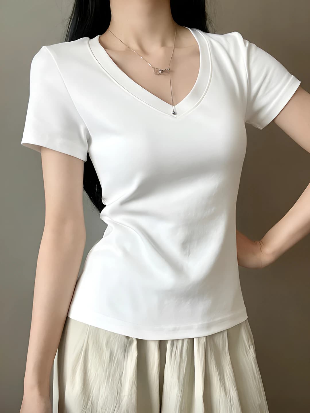 Women's pure cotton t-shirt, slim fit, V-neck, short sleeve, cropped, solid colour, casual, slimming