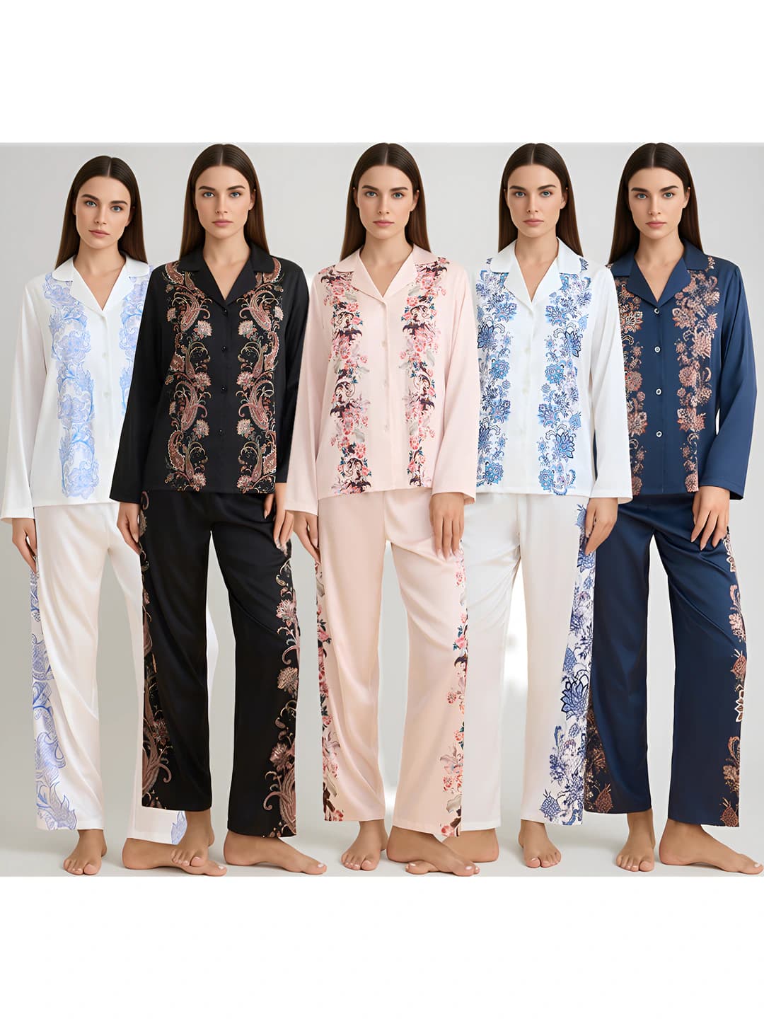 Women's printed satin chiffon loose fit loungewear set: lapel collar, long sleeve, trousers, thin, spring and autumn