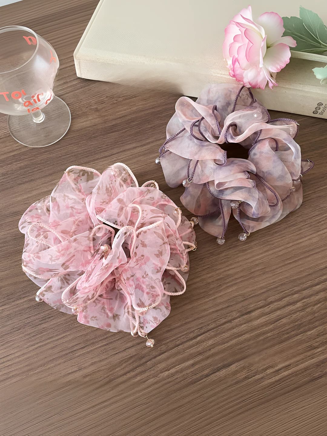Large women's organza hair scrunchie with pink floral pattern, sweet style