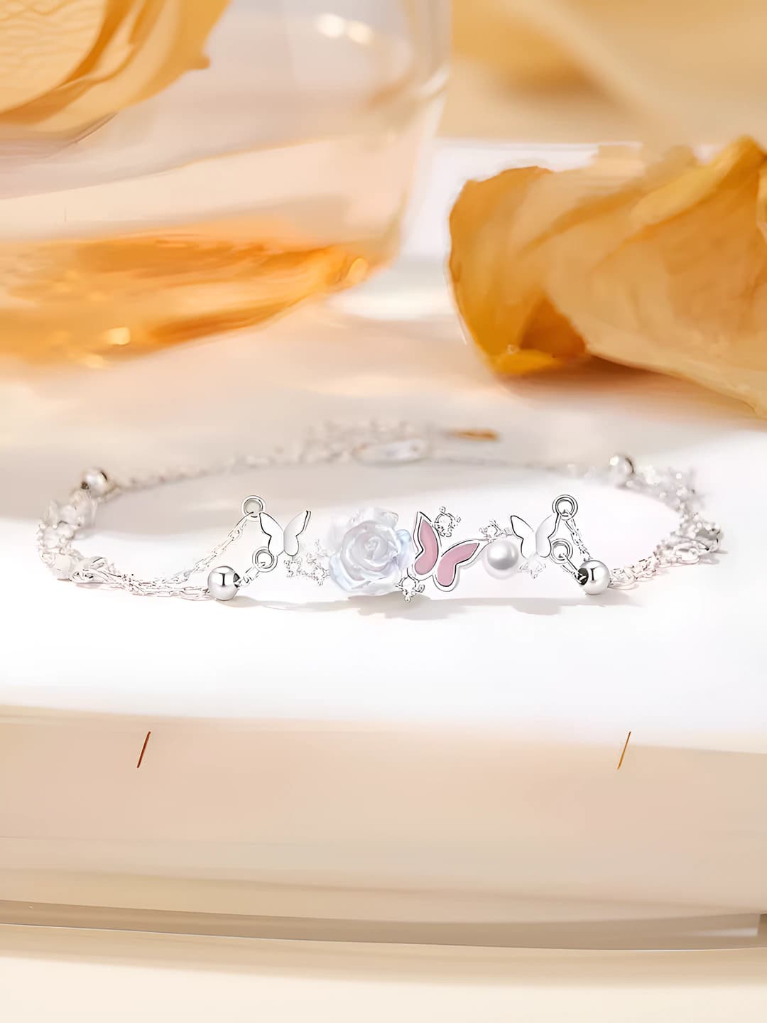 Women's glowing enamel butterfly and camellia bracelet, hexagon design element, romantic gift
