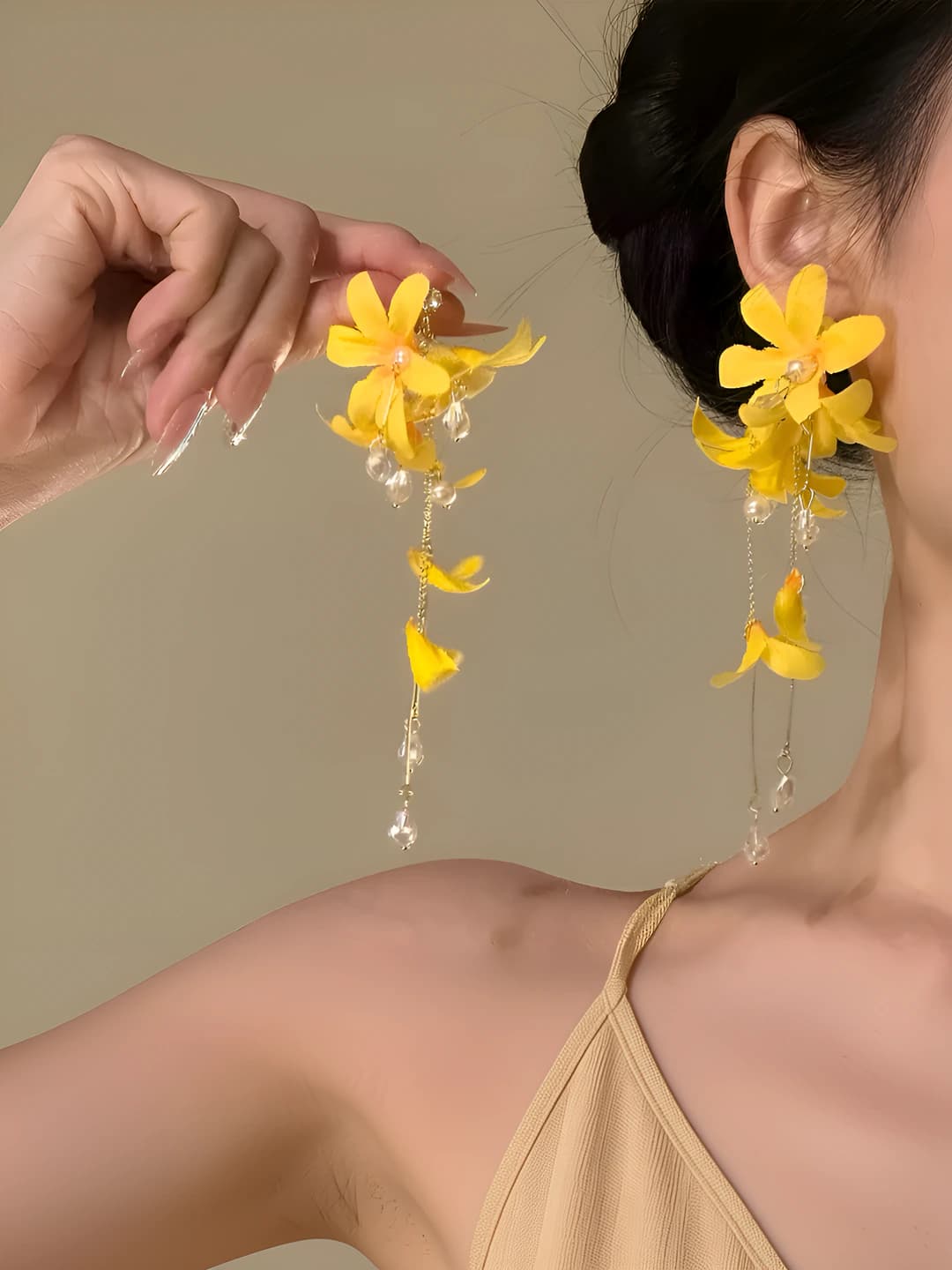 Women's yellow flower tassel earrings, spring-summer, vacation style