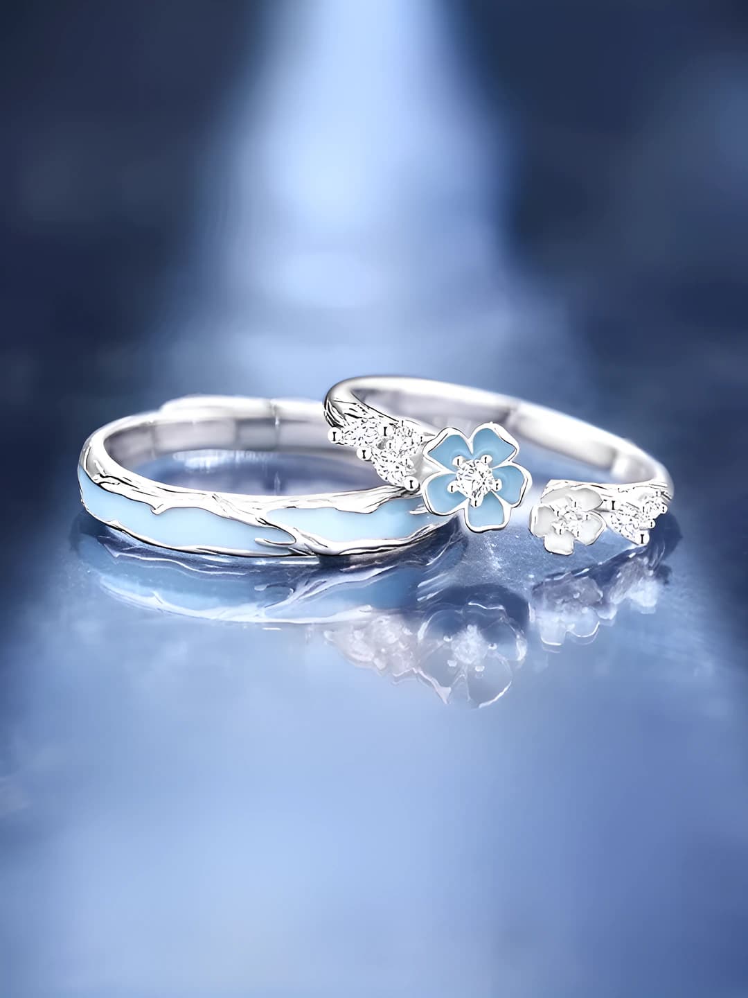 Women's couple rings with enamel and camellia flower design (pair)