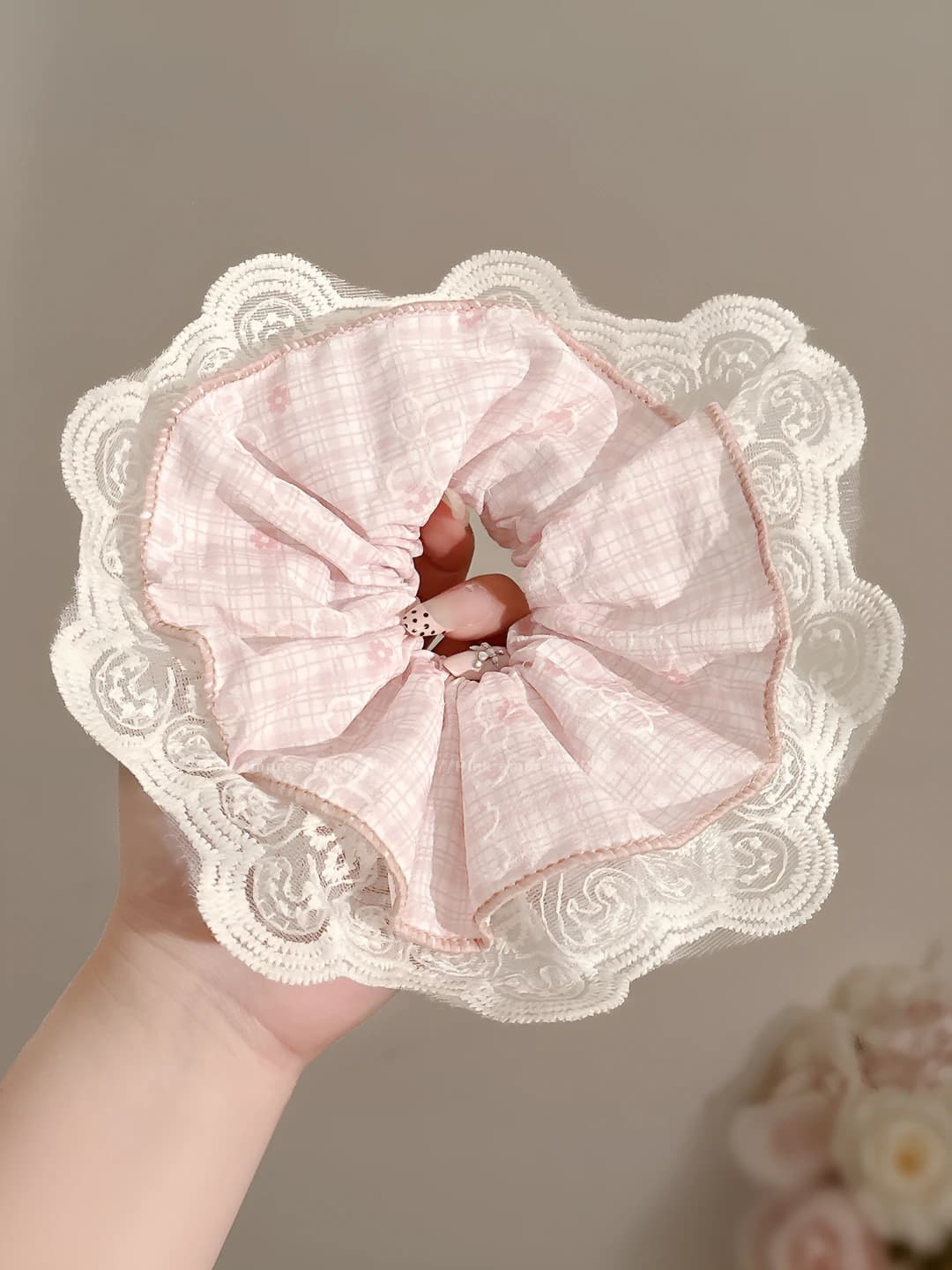 1# Pink plaid lace edge ~16 cm