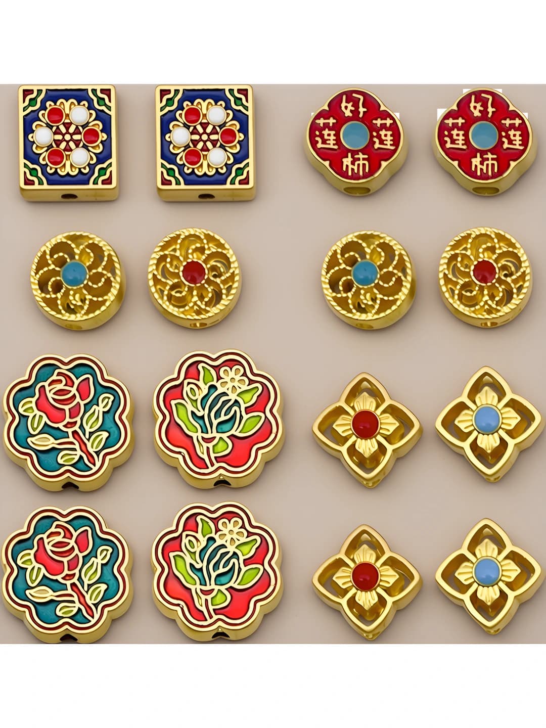DIY jewelry accessories in Chinese style, retro, with lotus and peach blossom pattern, alloy, epoxy resin craft, gold spacer beads and charms