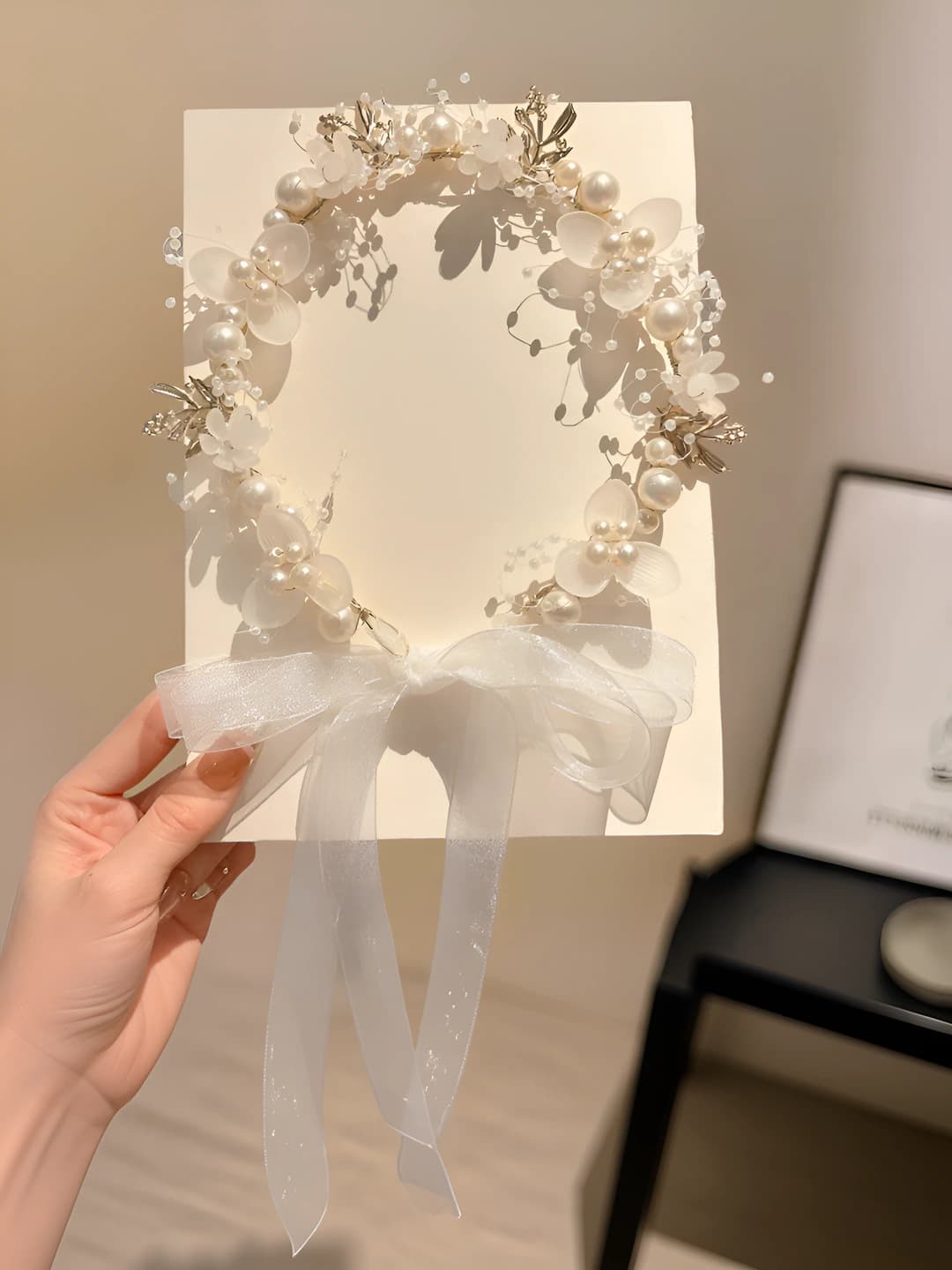 2# White beaded ribbon headband
