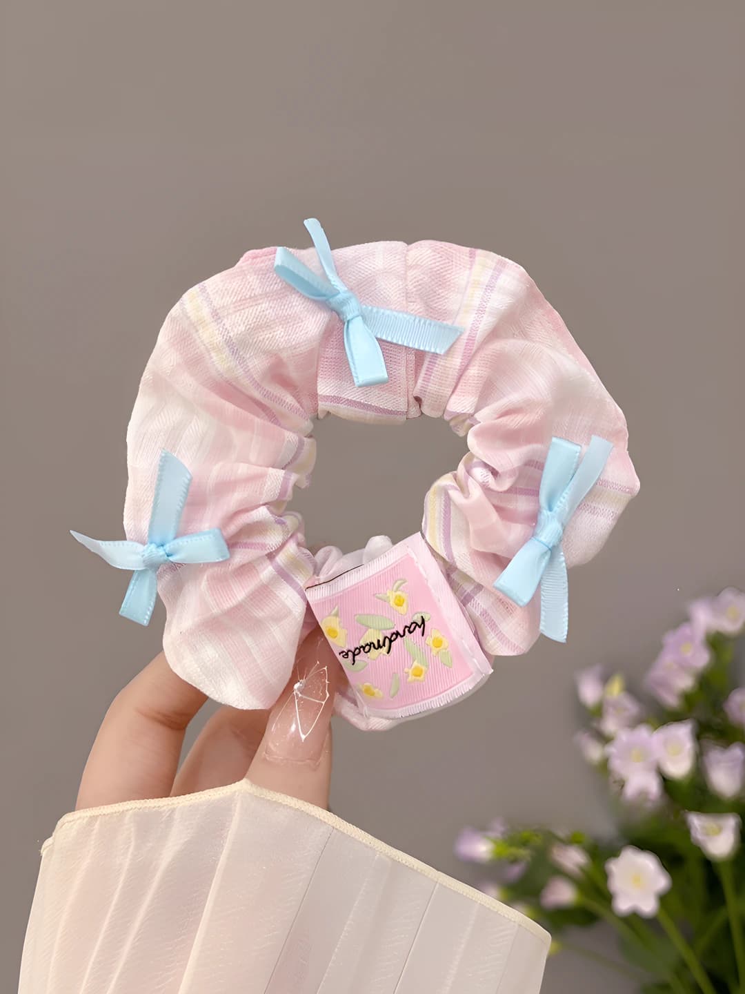 Pink plaid, bow, 11 cm