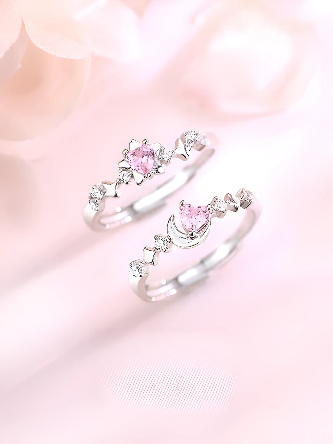 Women's adjustable couple rings with pink zircon, heart, star and moon design