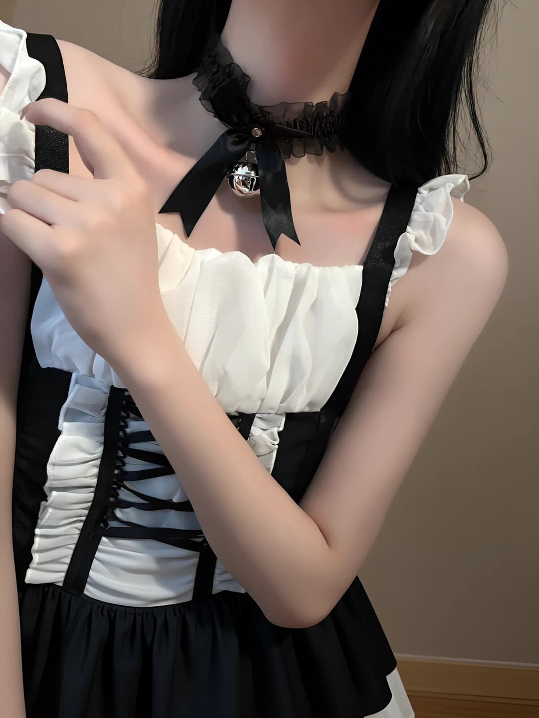 Women's lace choker with bell and bow, creamy sweet style