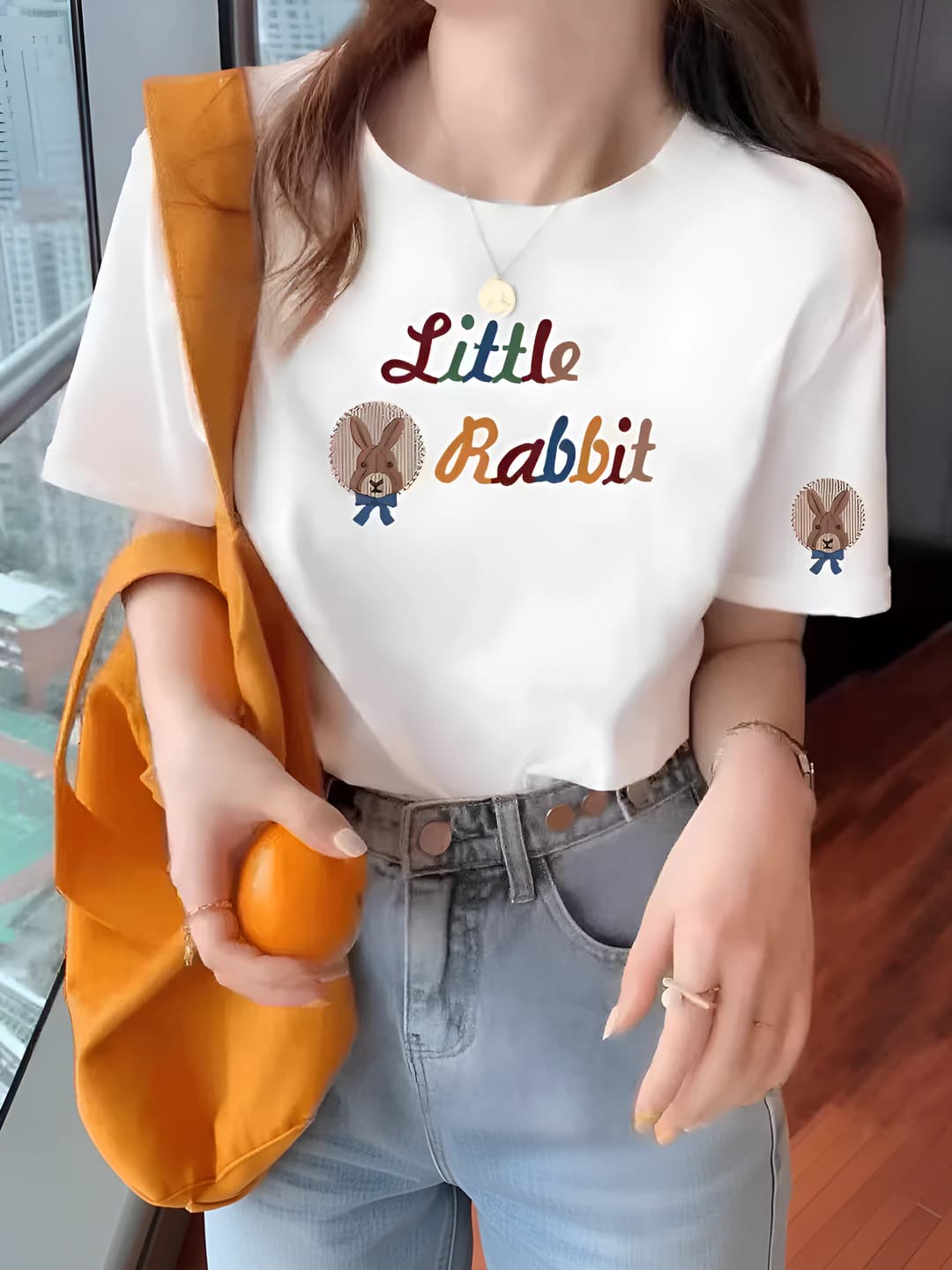 2026 summer women's pure cotton t-shirt, printed, loose fit, crew neck, short sleeve