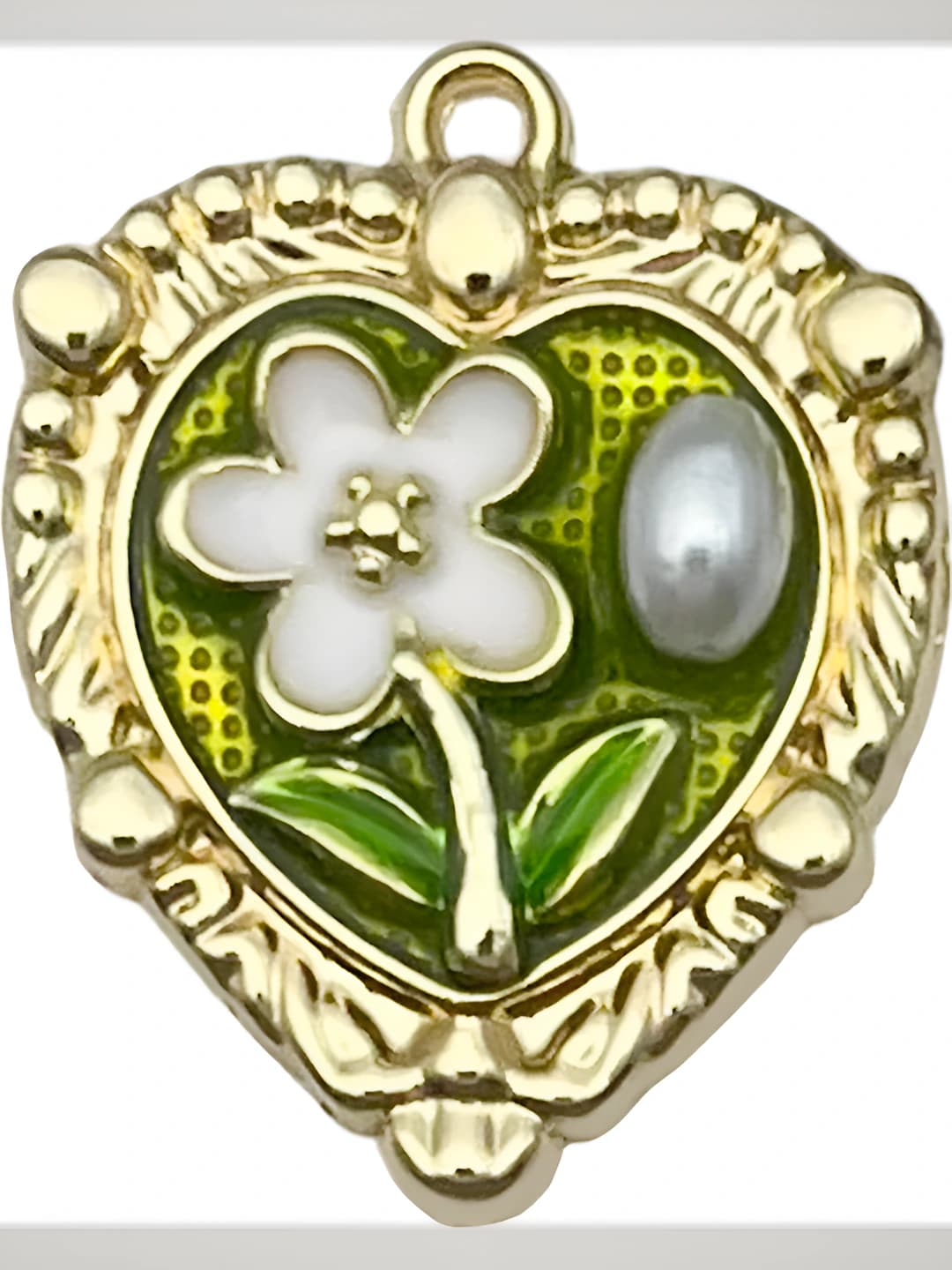 Зелёное сердце, белые цветы и листья, 28x23mm, 3.05g