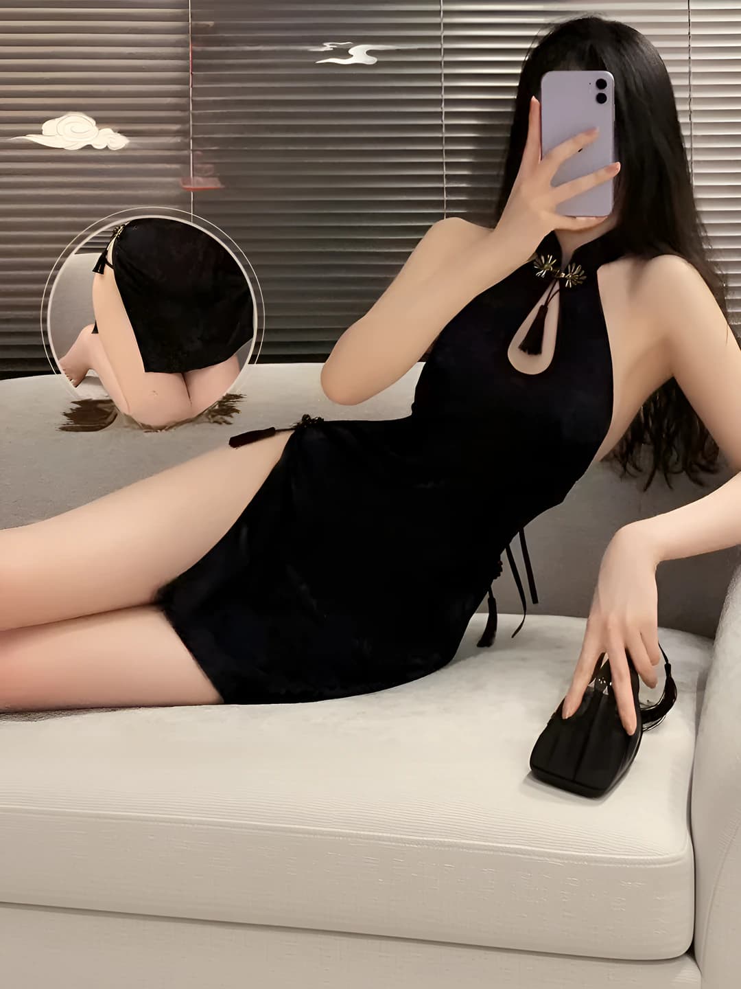 Ayollar uchun retro uslubdagi qipao ichki kiyim to'plami, ochiq orqa, yuqori kesim, naqshli, sun'iy ipak mato