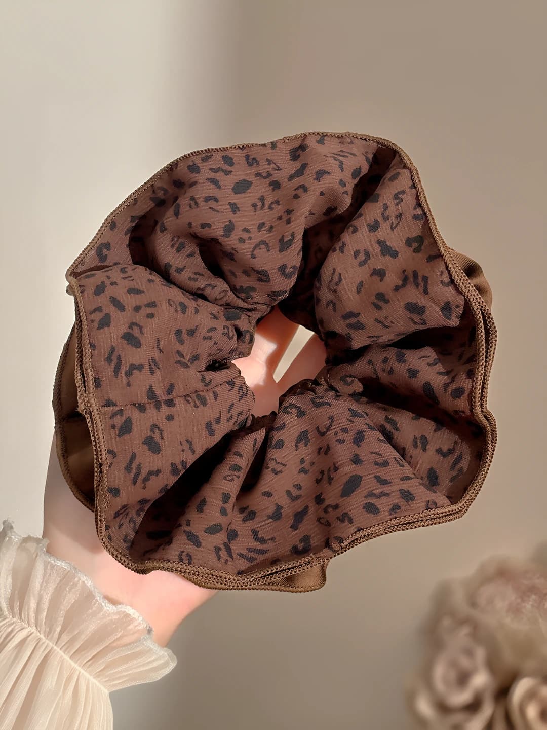 Dark coffee leopard scrunchie ~15 cm