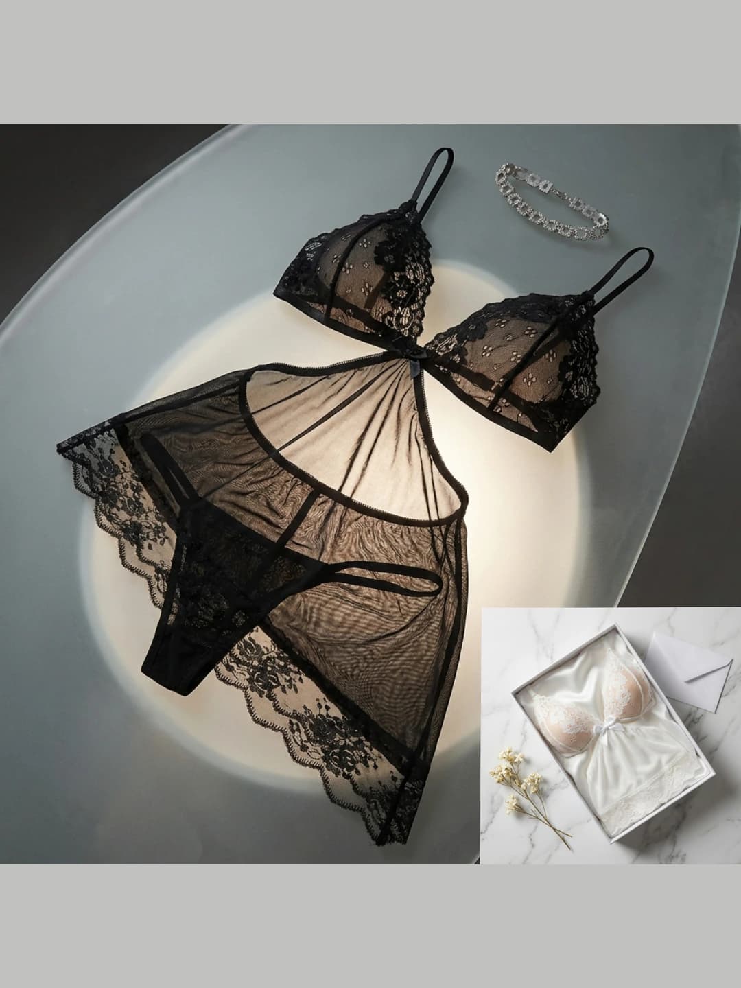 Women's underwear set: lace bra and sheer nightgown, ultra-thin, all-season