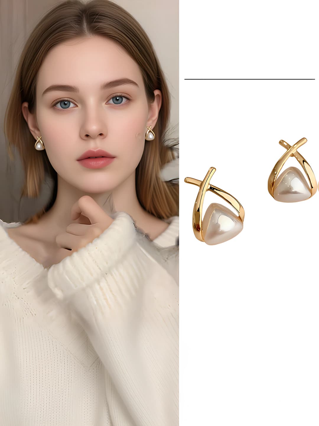 Women's 2026 geometric design cross earrings, gold color, imitation pearl