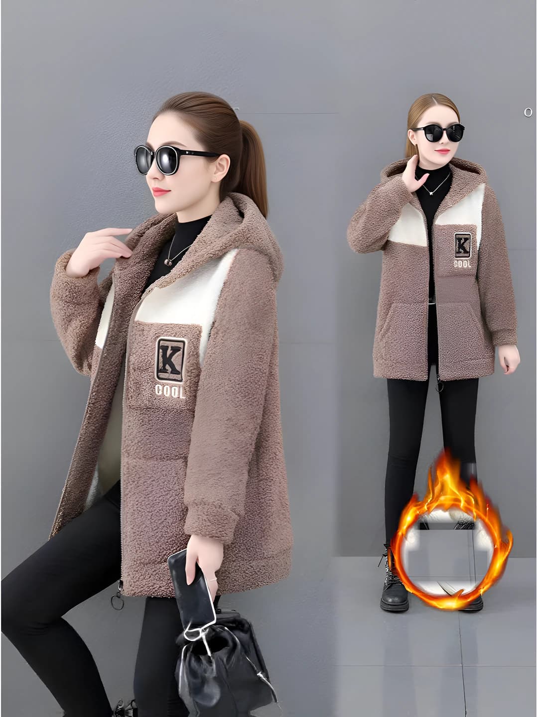 Women's thickened fleece-lined sweatshirt, Korean style, loose fit, zip closure, long sleeve, winter 2026