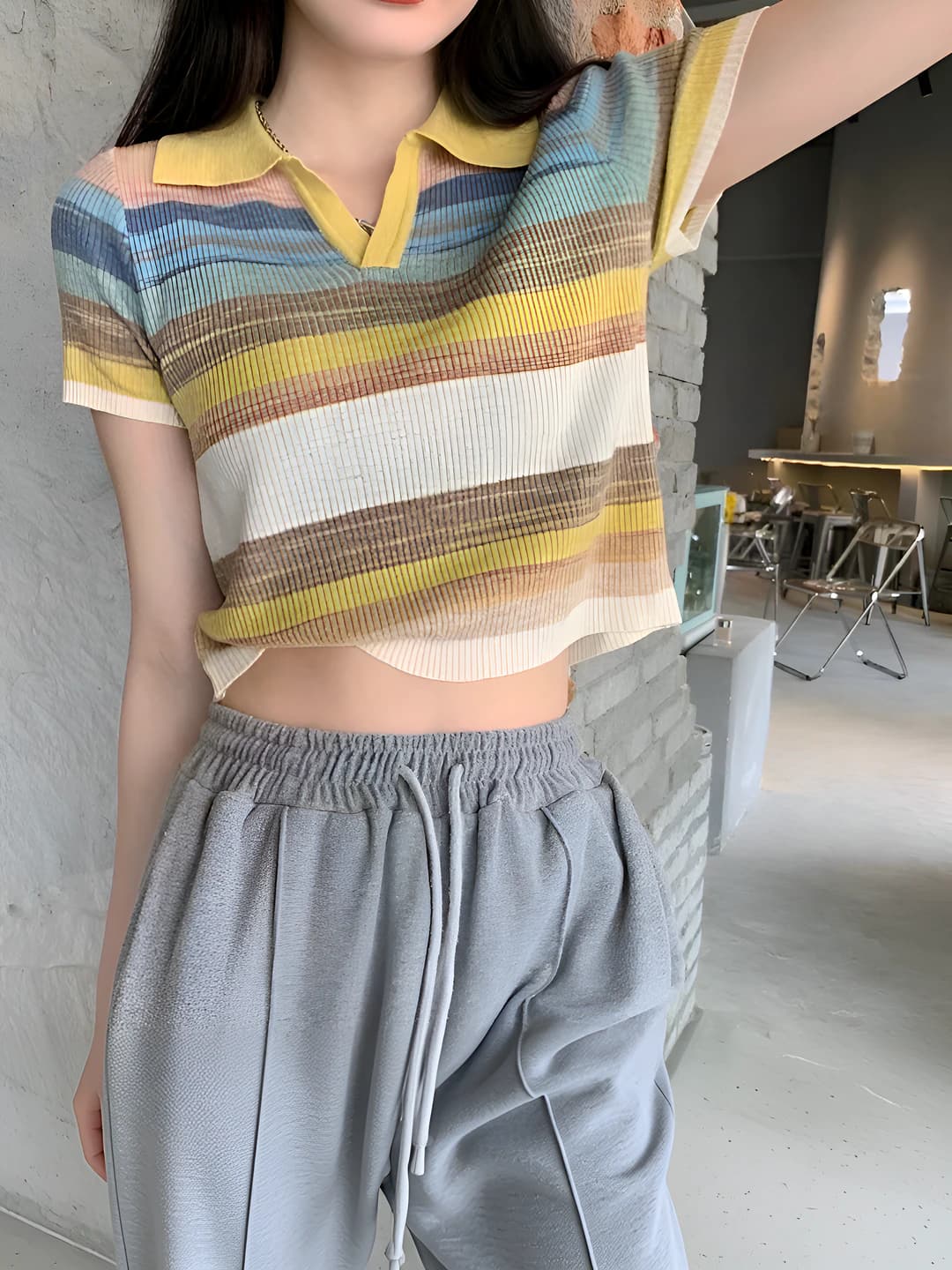 Women's summer knitted top with lapel collar and short sleeves, striped