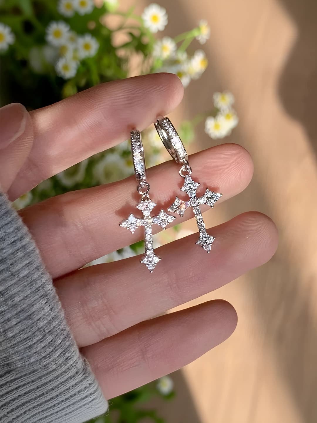 Women's 2026 cross-shaped rhinestone hoop earrings, simple design, design element: cross, style: versatile