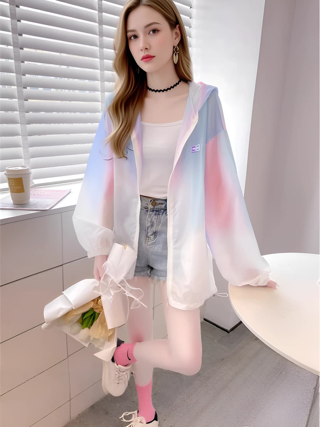Women's 2026 summer thin sun-protective hooded windbreaker, zip closure, loose fit, long sleeve, printed, gradient color