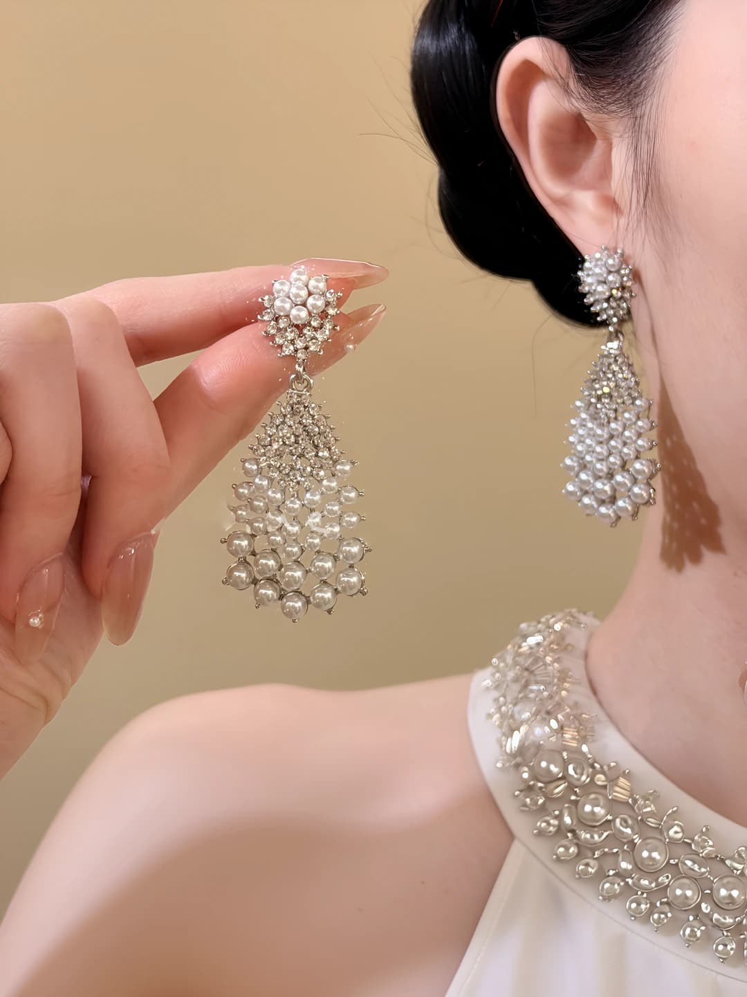 Women's pearl and zircon drop earrings: geometric shape, french style, pearl under 3mm, steel post