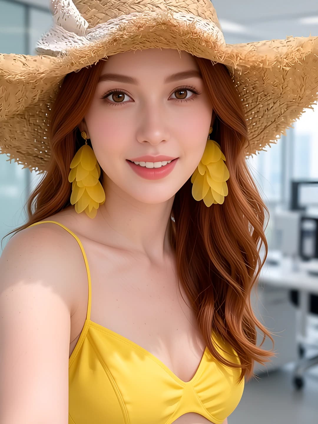 1#2219 Small yellow flower earrings ~10 cm