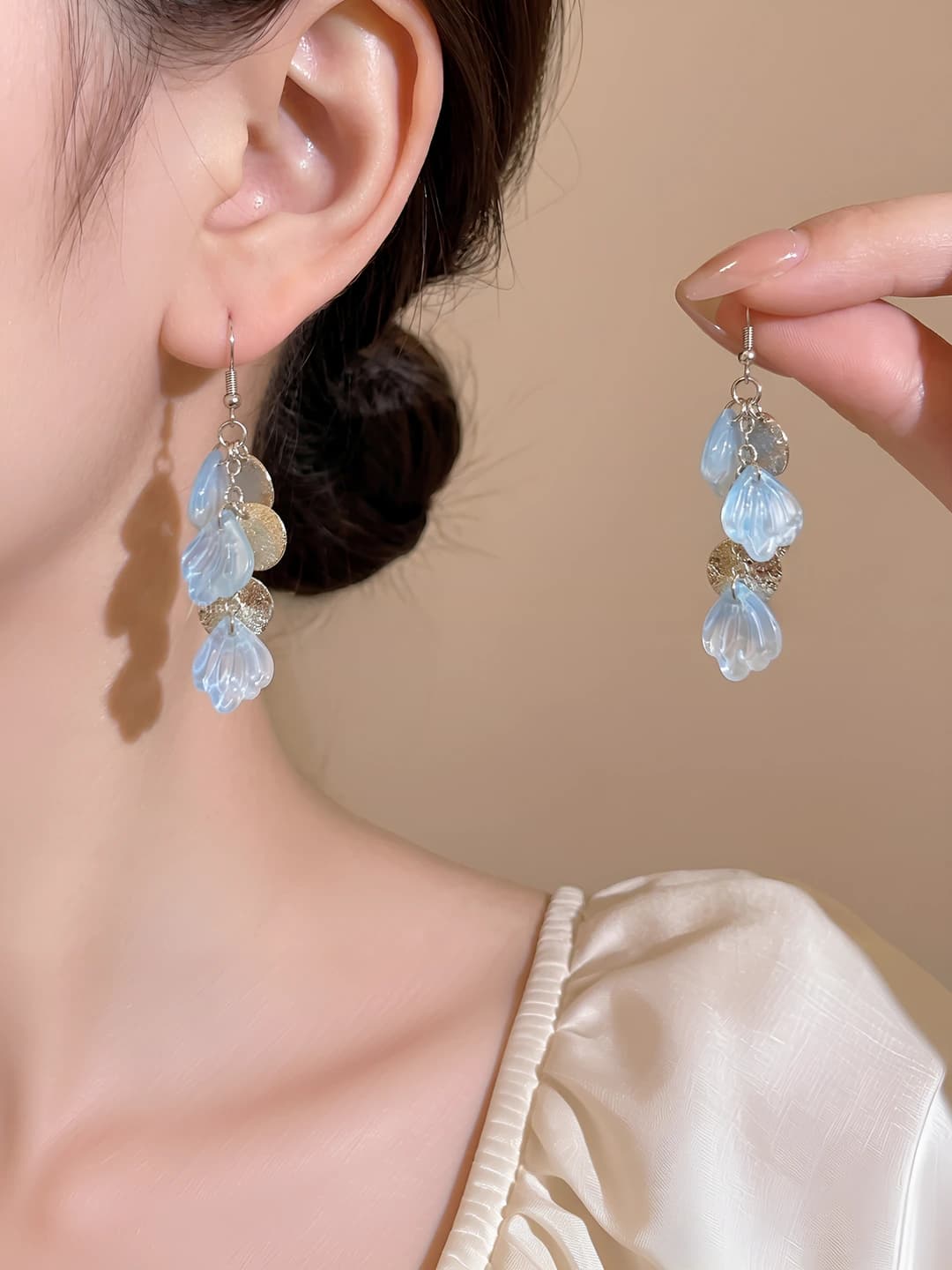 1# blue small flower silver earrings 7 cm